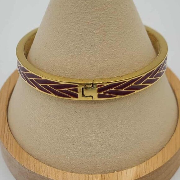 J Crew Gold Tone Dark Red Enamel Hinged Bangle Bracelet - Picture 3 of 8